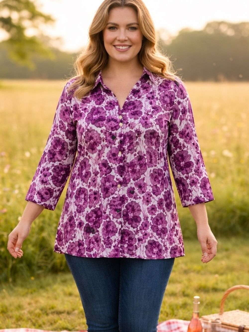JM Collection Woman Boho Floral Crinkle Cotton Button Down Shirt Blouse 18W NWT